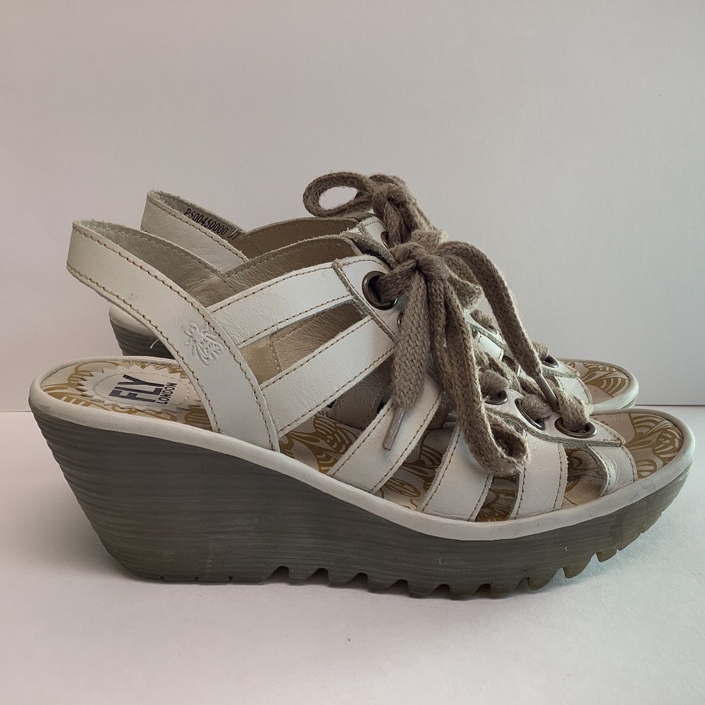 Fly London Cream Yito Lace-Up Wedge Sandals Size EU 37/ US 7